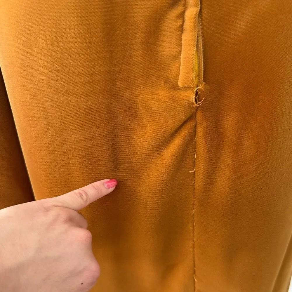 1970s Mustard Colored Rich Velvet High-Collar Dress